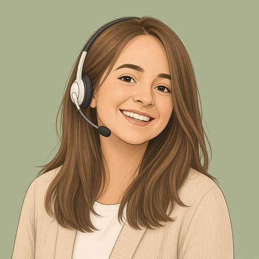 Illustrated portrait of Ava, the AI receptionist: a smiling young woman with long light-brown hair and a headset, on a sage green background